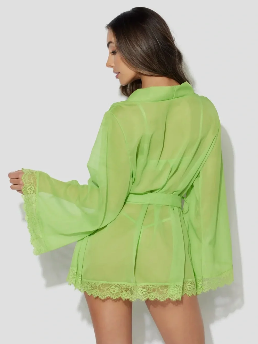 NWT 3pc Lace Bralette & Thong Lingerie Set with Sheer Robe | Neon Lime | Size M